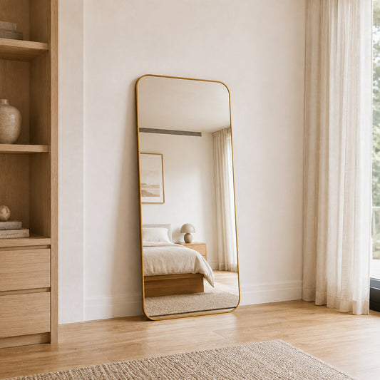 Cecelia Framed Rectangle Mirror - 1800 x 850 in Antique Copper, styled in a room