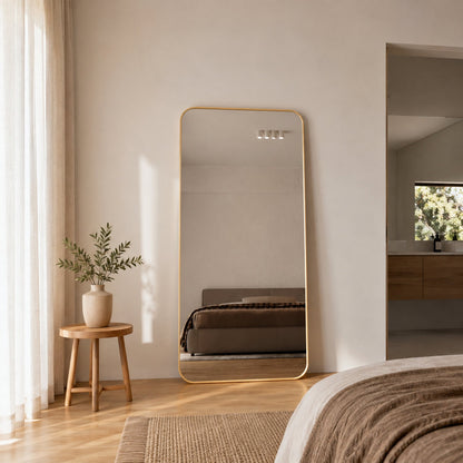 Cecelia Framed Rectangle Mirror - 1800 x 850 in Brushed Gold, styled in a room