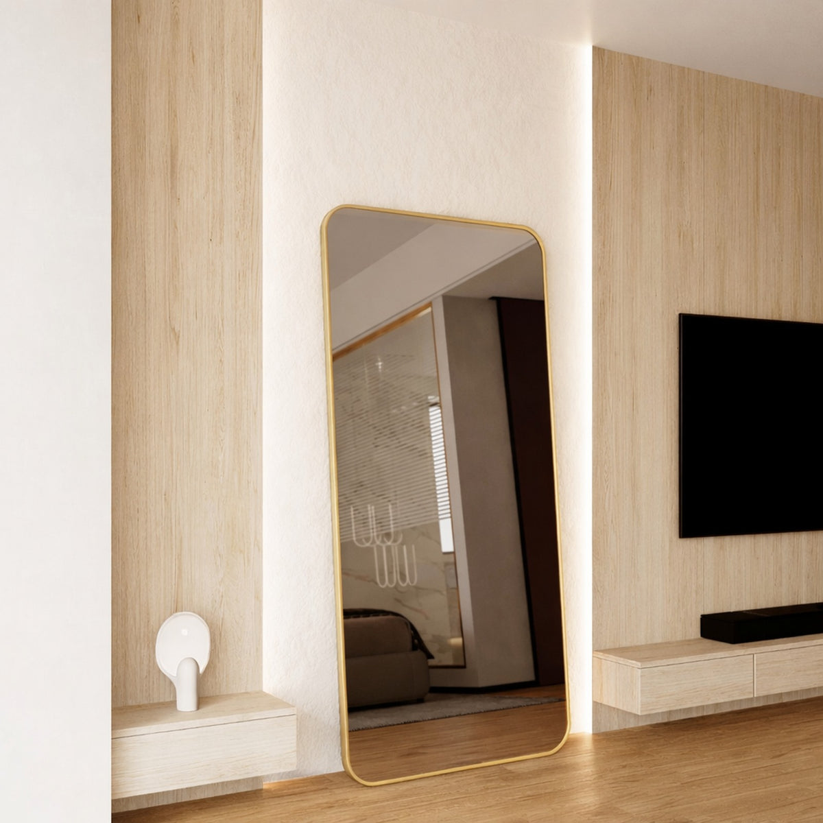 Cecelia Framed Rectangle Mirror - 1800 x 850 in Brushed Gold, angled from the left