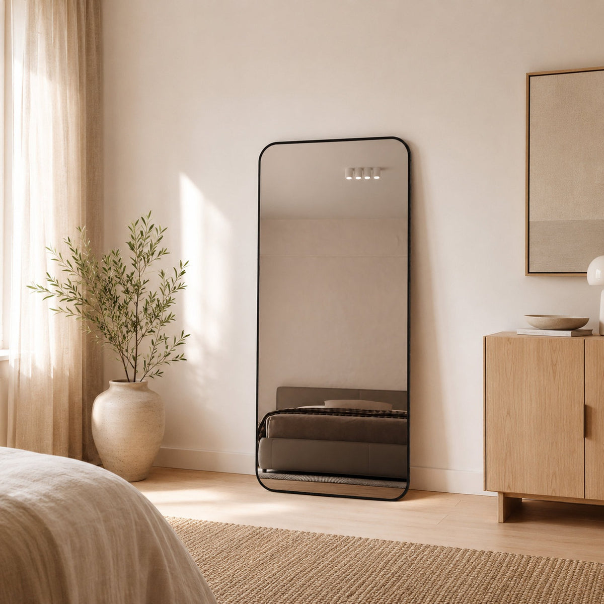 Cecelia Framed Rectangle Mirror - 1800 x 850 in Matte Black, styled in a room