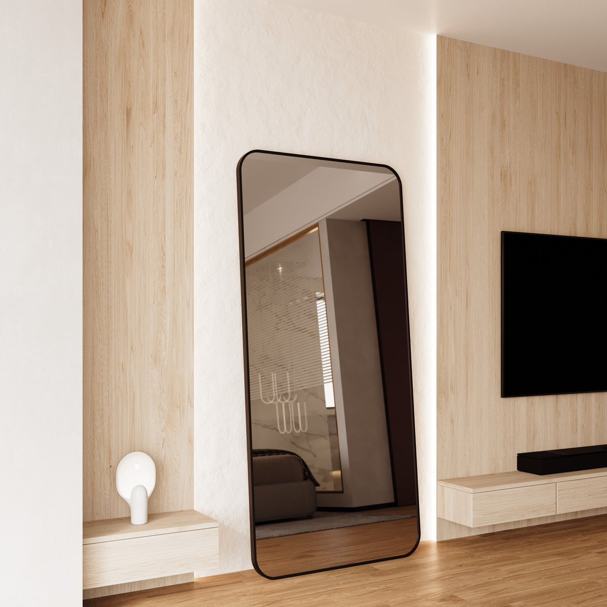 Cecelia Framed Rectangle Mirror - 1800 x 850 in Matte Black, angled from the left
