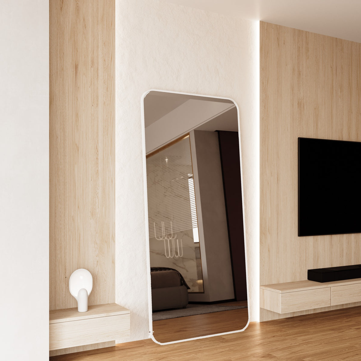 Cecelia Framed Rectangle Mirror - 1800 x 850 in White Satin, angled from the left