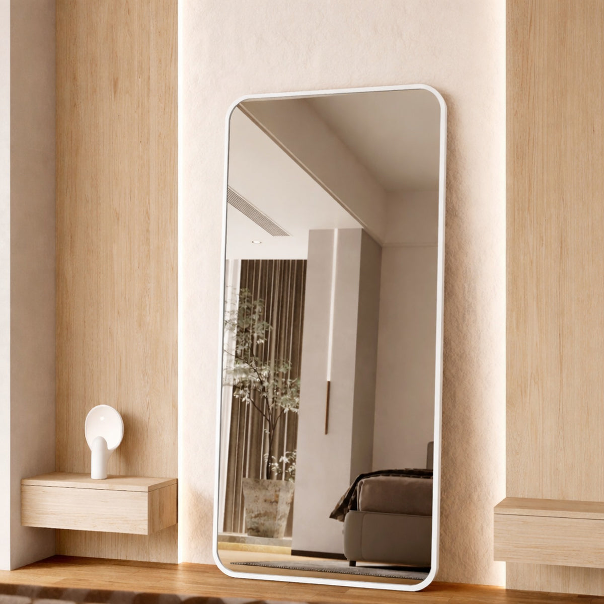 Cecelia Framed Rectangle Mirror - 1800 x 850 in White Satin, angled from the right