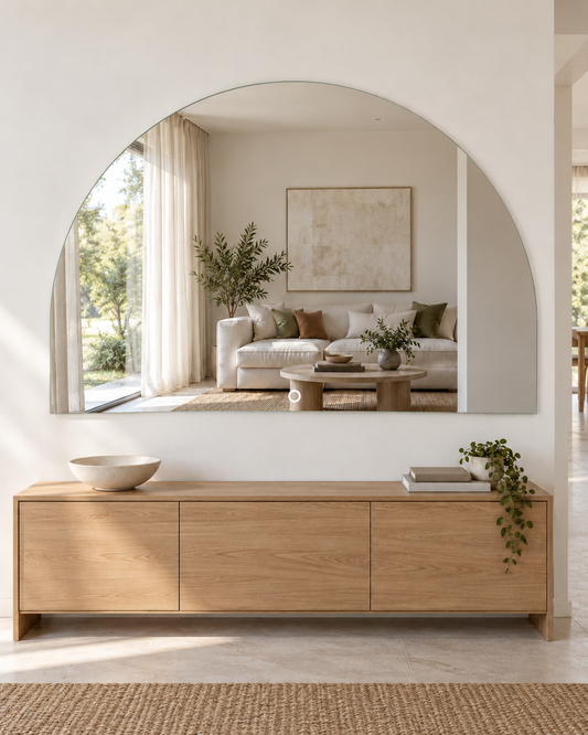 Danielle Frameless LED mirror above an oak sideboard, with the backlight off and one white circular control at the bottom centre.