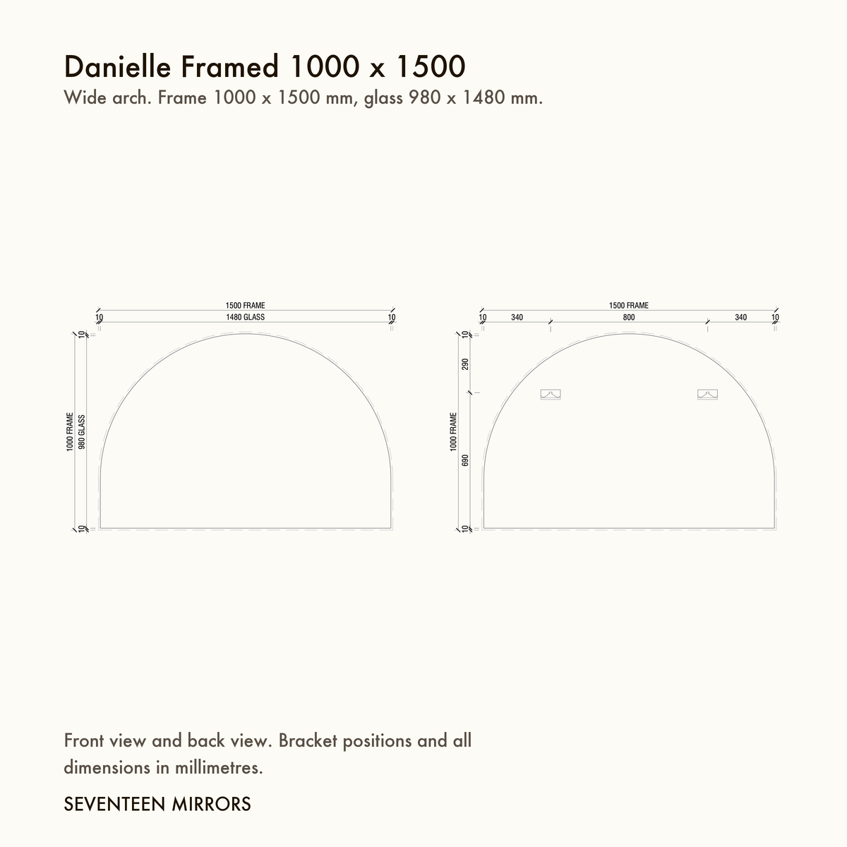 Danielle Framed Wall Mirror - 1000 x 1500 dimensions and mounting drawing