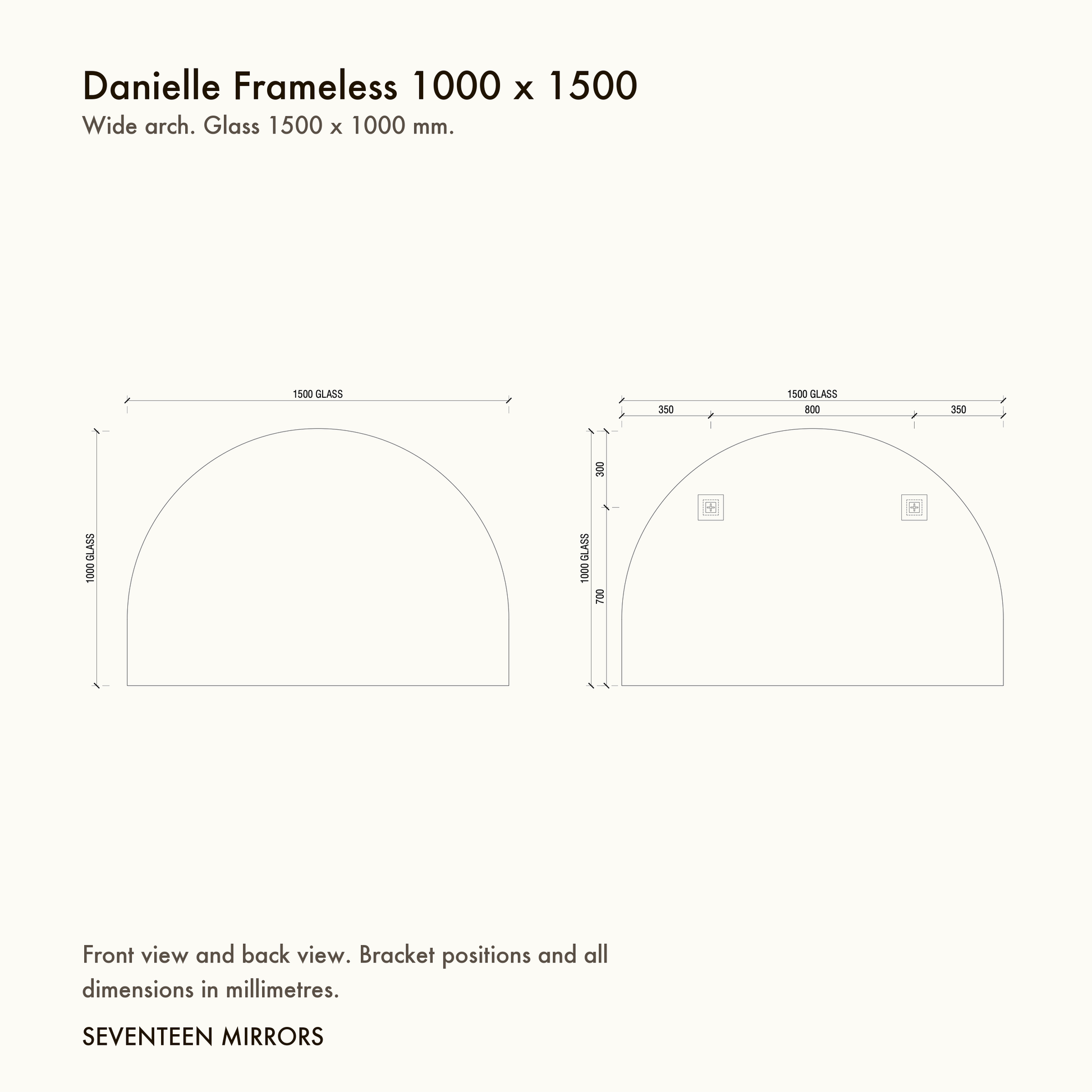 Danielle Frameless Wall Mirror - 1000 x 1500 dimensions and mounting drawing