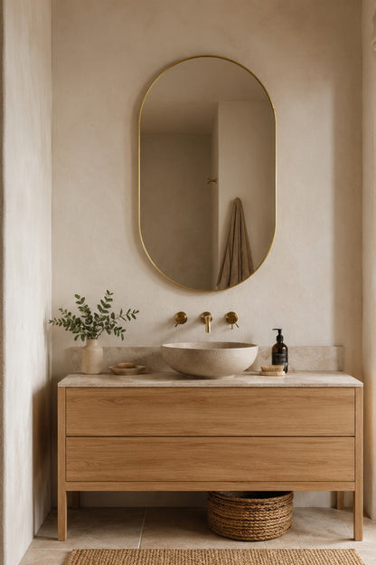 Elena framed pill wall mirror in Brushed Gold, styled above a stone basin vanity in a warm bathroom