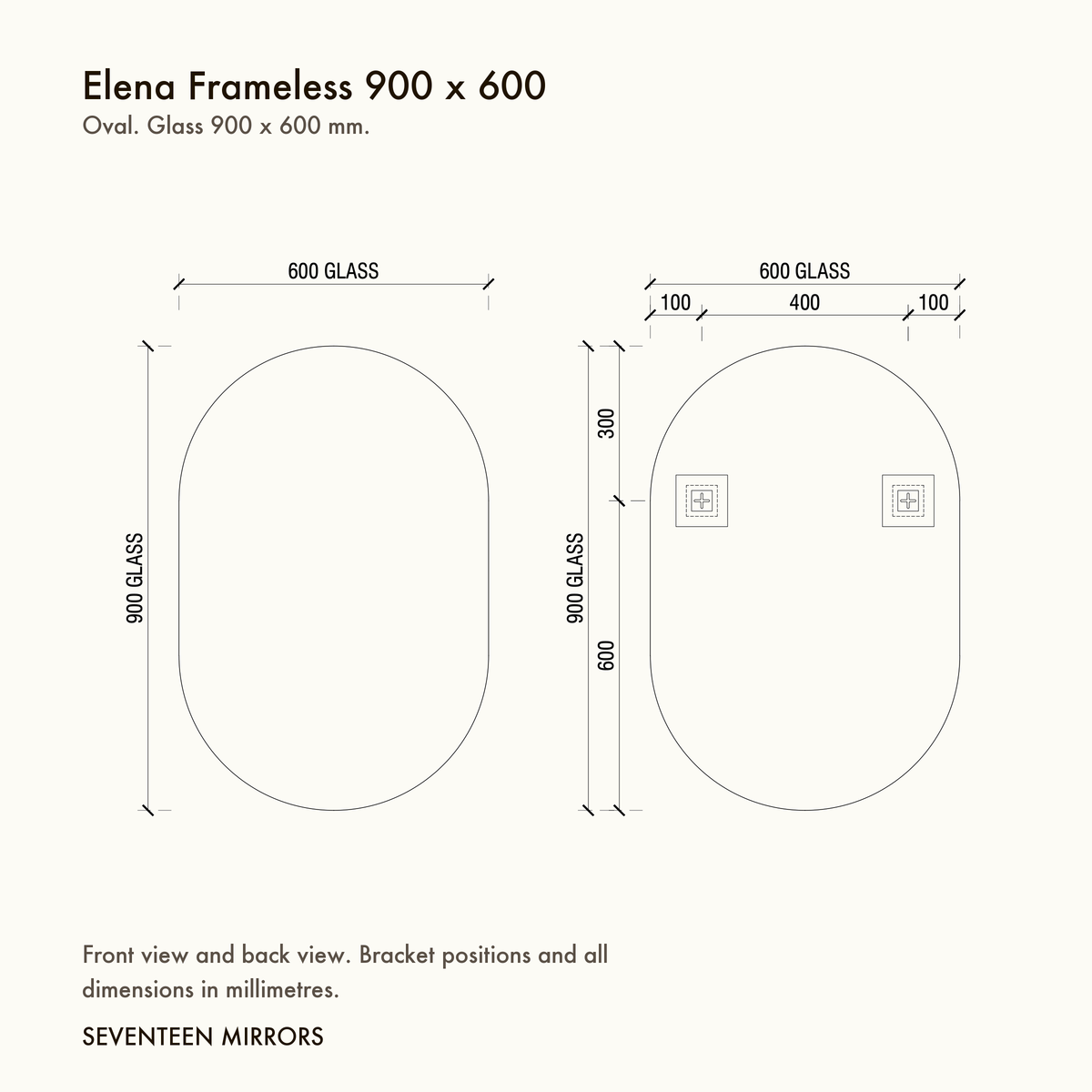 Elena Frameless Wall Mirror - 900 x 600 dimensions and mounting drawing