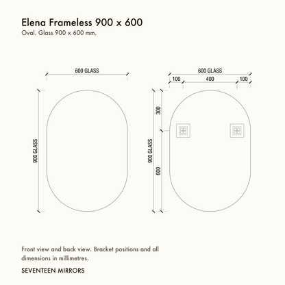 Elena Frameless Wall Mirror - 900 x 600 dimensions and mounting drawing