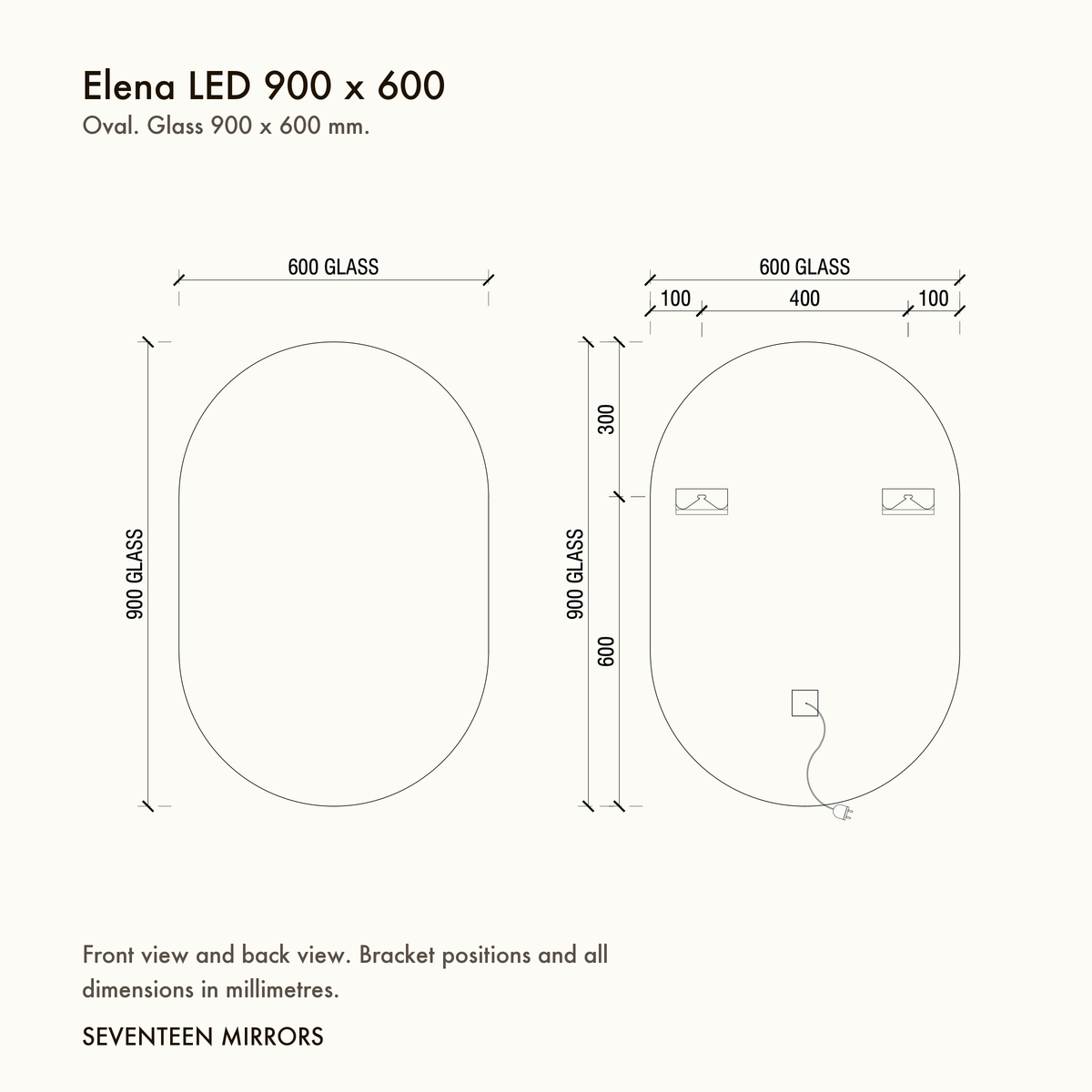 Elena LED Wall Mirror - 900 x 600 dimensions and mounting drawing