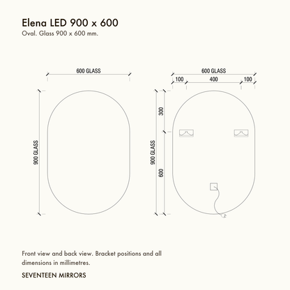 Elena LED Wall Mirror - 900 x 600 dimensions and mounting drawing