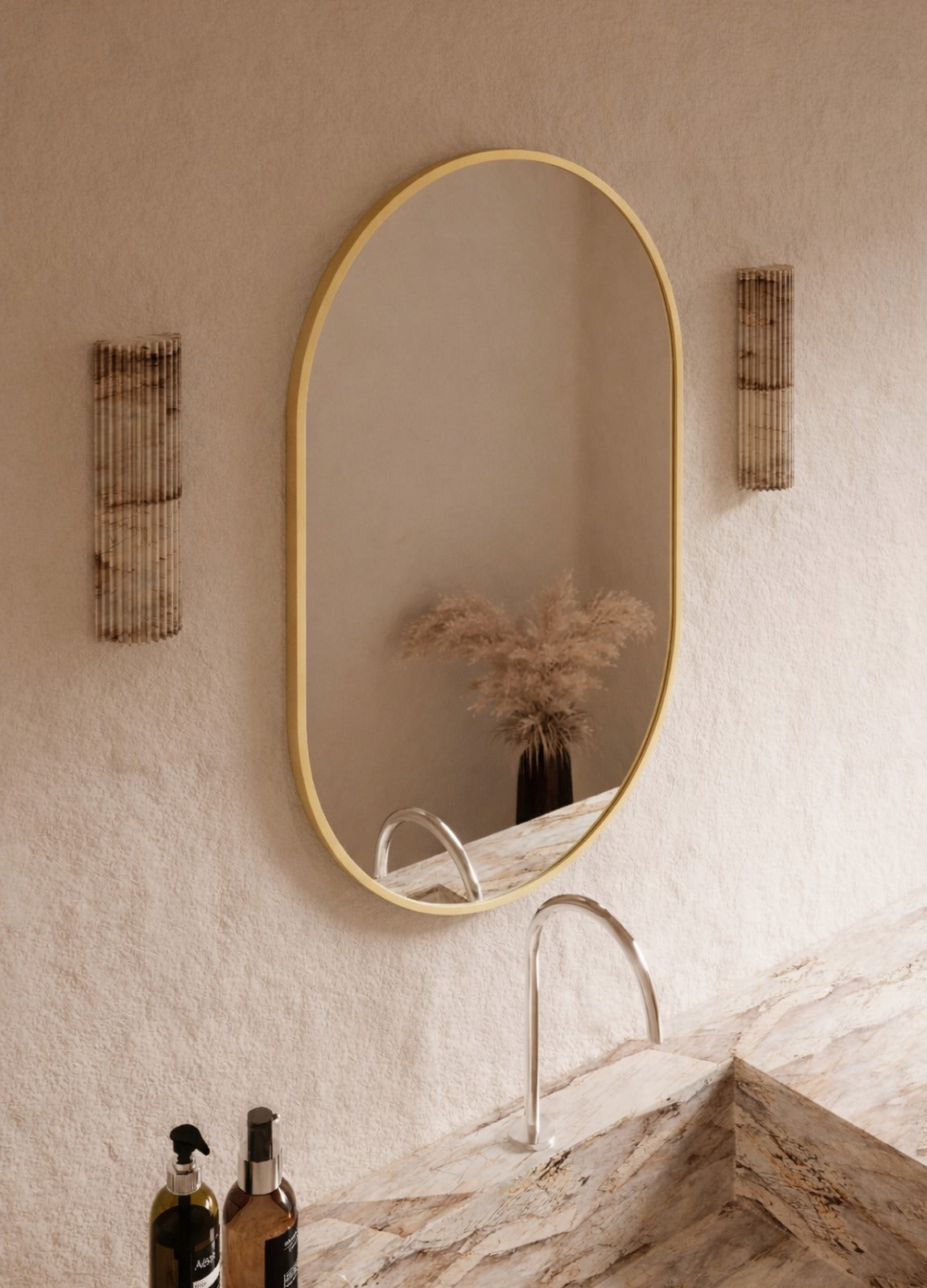 Elena Framed Wall Mirror - 900 x 600 in Brushed Gold, angled from the left