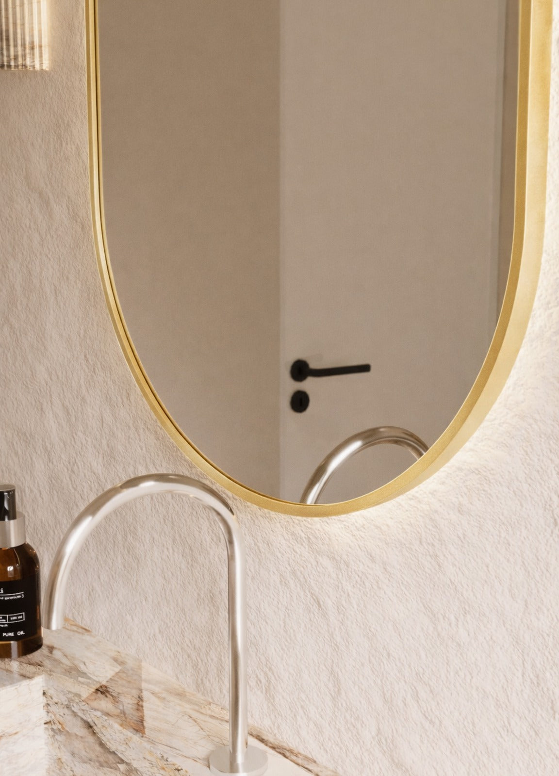 Elena Framed Wall Mirror - 900 x 600 in Brushed Gold, angled from the right