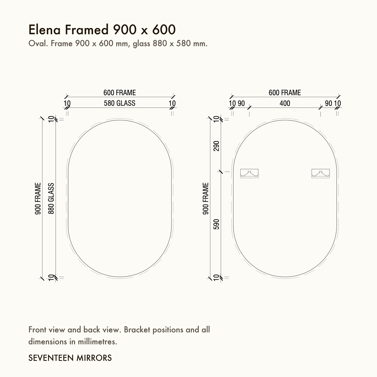 Elena Framed Wall Mirror - 900 x 600 dimensions and mounting drawing