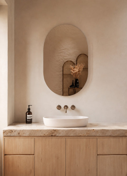 Elena Frameless Wall Mirror - 900 x 600 in Frameless, styled in a room