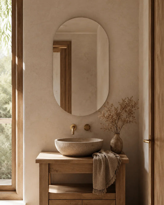 Elena frameless pill wall mirror above a stone basin vanity in a bathroom