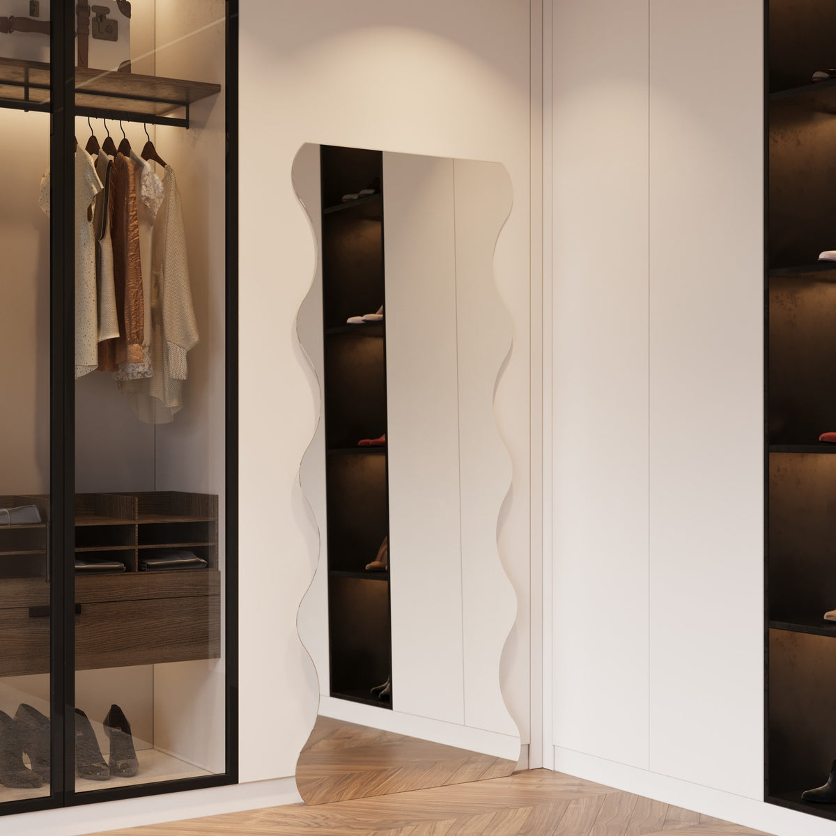 Felicia Frameless Full Length Mirror - 1700 x 630 in Frameless, angled from the left