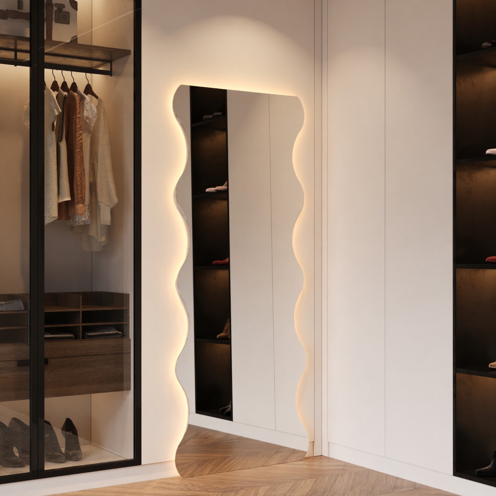 Felicia LED Full Length Mirror - 1700 x 630 in Frameless LED, angled from the left