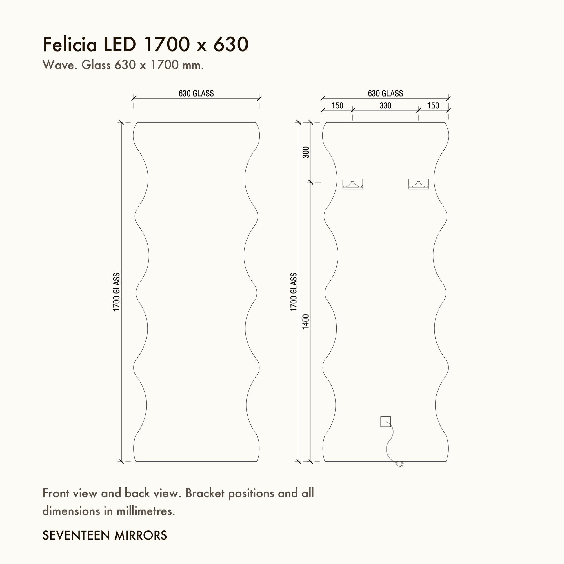 Felicia LED Full Length Mirror - 1700 x 630 dimensions and mounting drawing