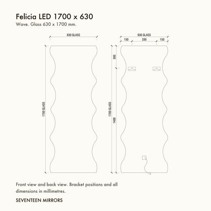 Felicia LED Full Length Mirror - 1700 x 630 dimensions and mounting drawing