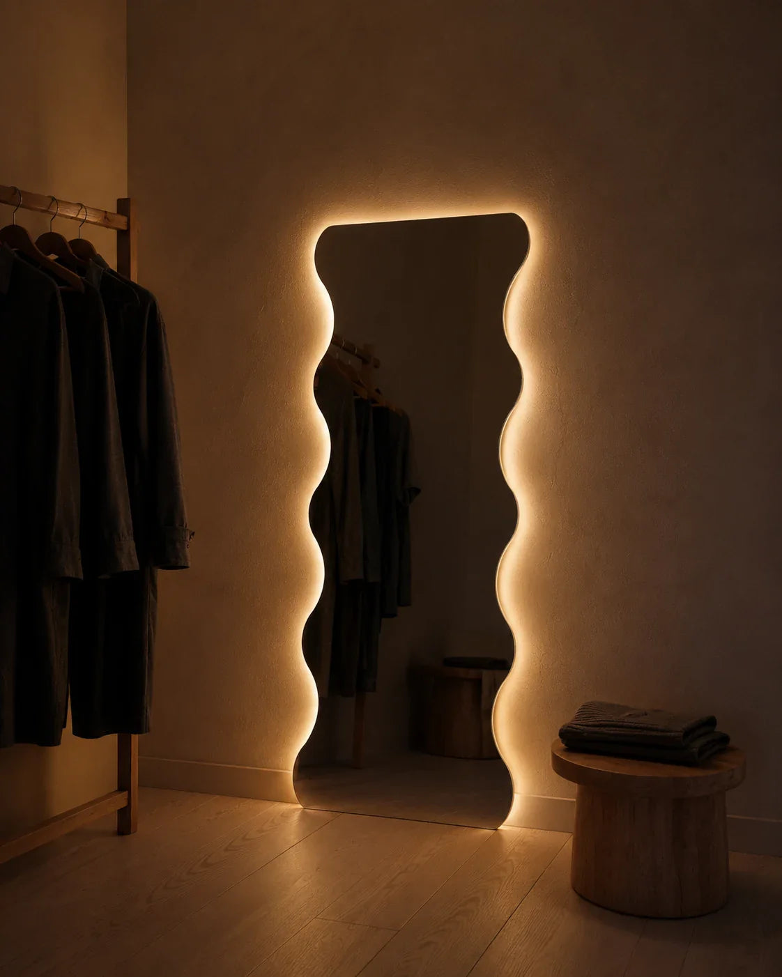 Felicia LED full length mirror glowing beside a wardrobe in the evening