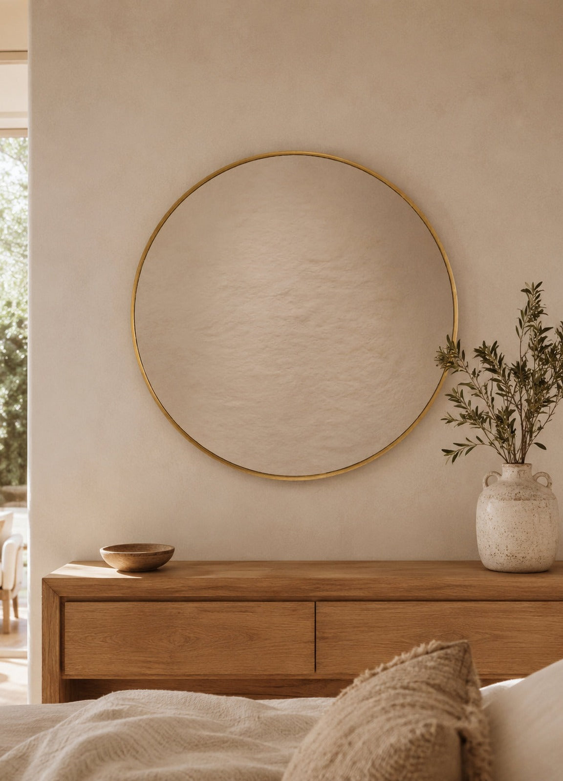 Jasmine Framed Wall Mirror - 800 in Brushed Gold, styled in a room