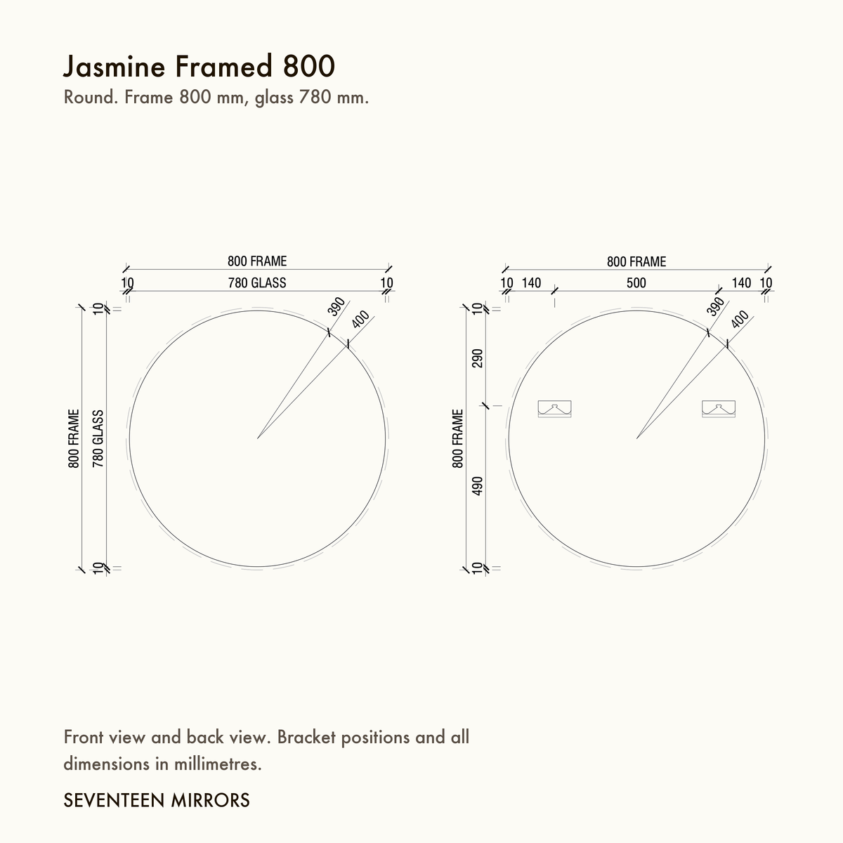 Jasmine Framed Wall Mirror - 800 dimensions and mounting drawing