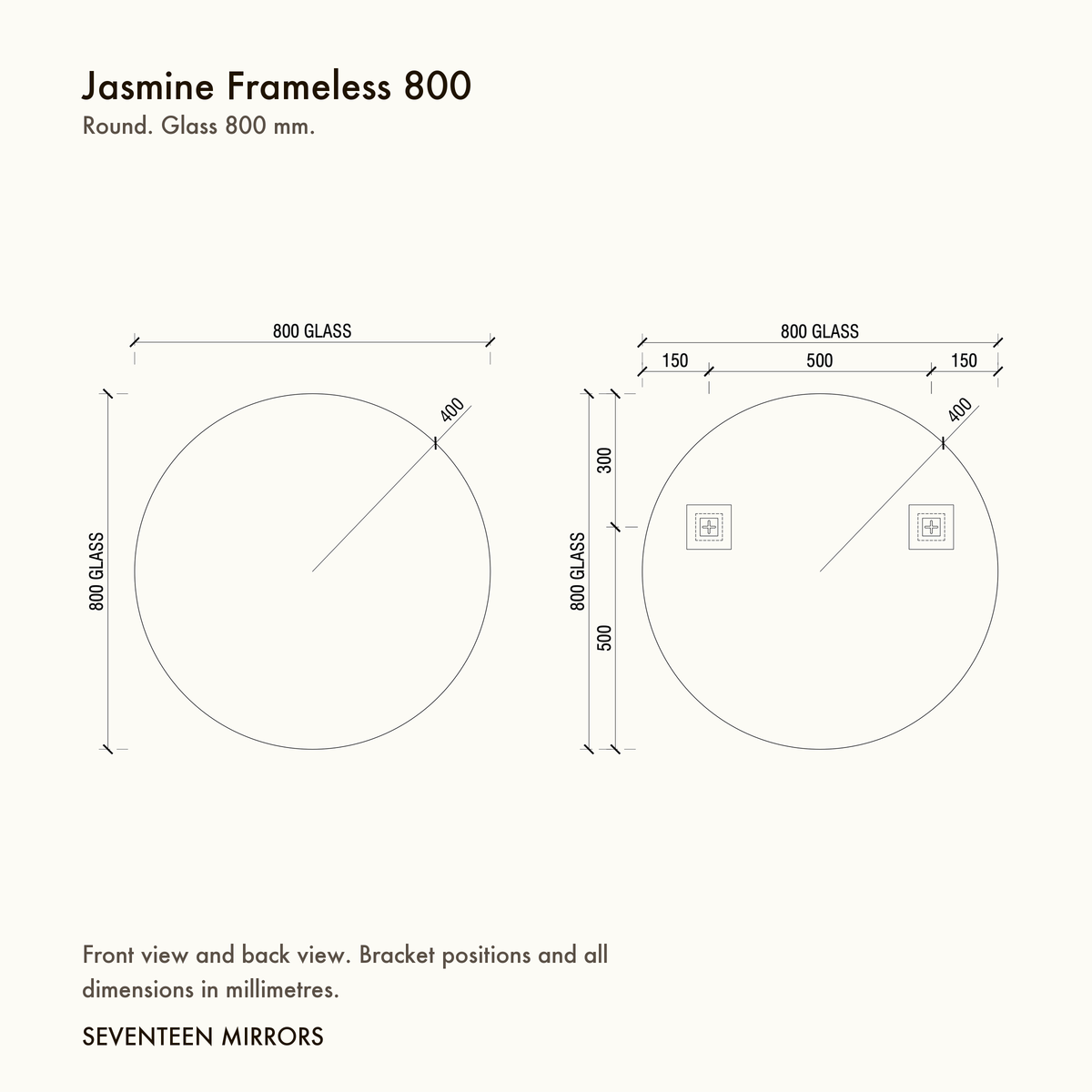 Jasmine Frameless Wall Mirror - 800 dimensions and mounting drawing