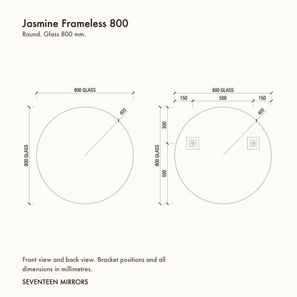 Jasmine Frameless Wall Mirror - 800 dimensions and mounting drawing