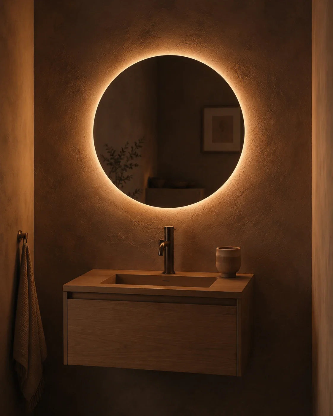 Jasmine LED round mirror glowing above a timber vanity in the evening