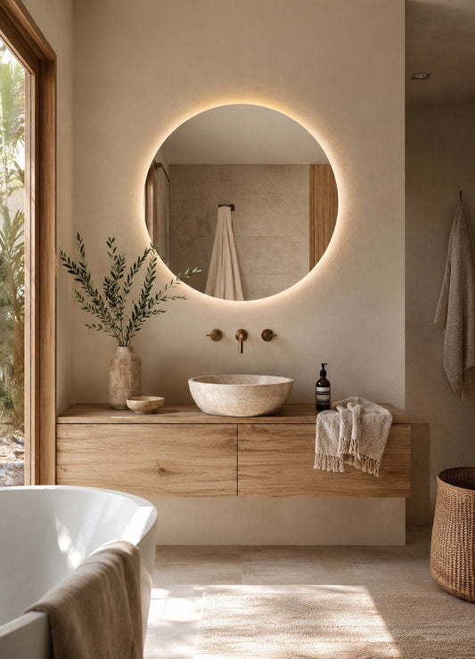 Jasmine LED Wall Mirror - 800 in Frameless LED, styled in a room