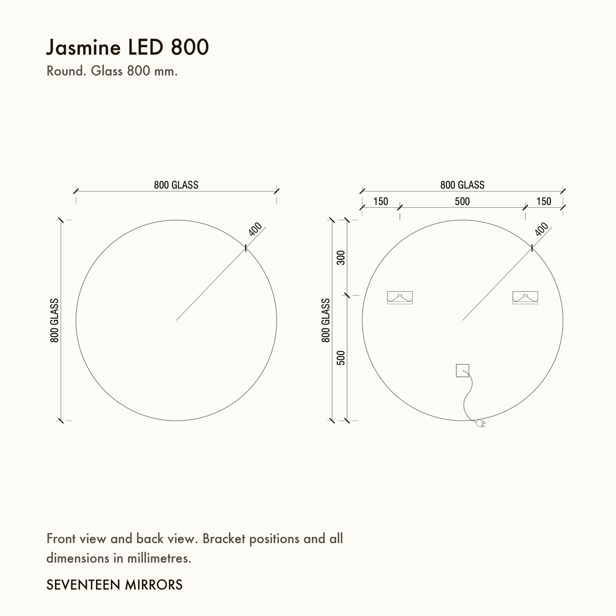 Jasmine LED Wall Mirror - 800 dimensions and mounting drawing