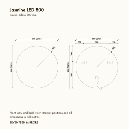 Jasmine LED Wall Mirror - 800 dimensions and mounting drawing