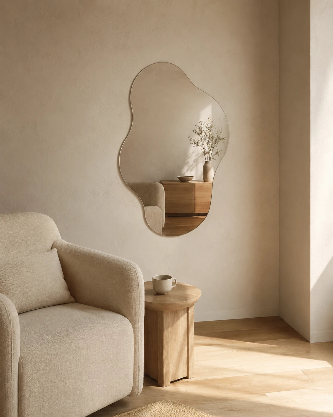 Luisa puddle wall mirror above an armchair in a living room corner