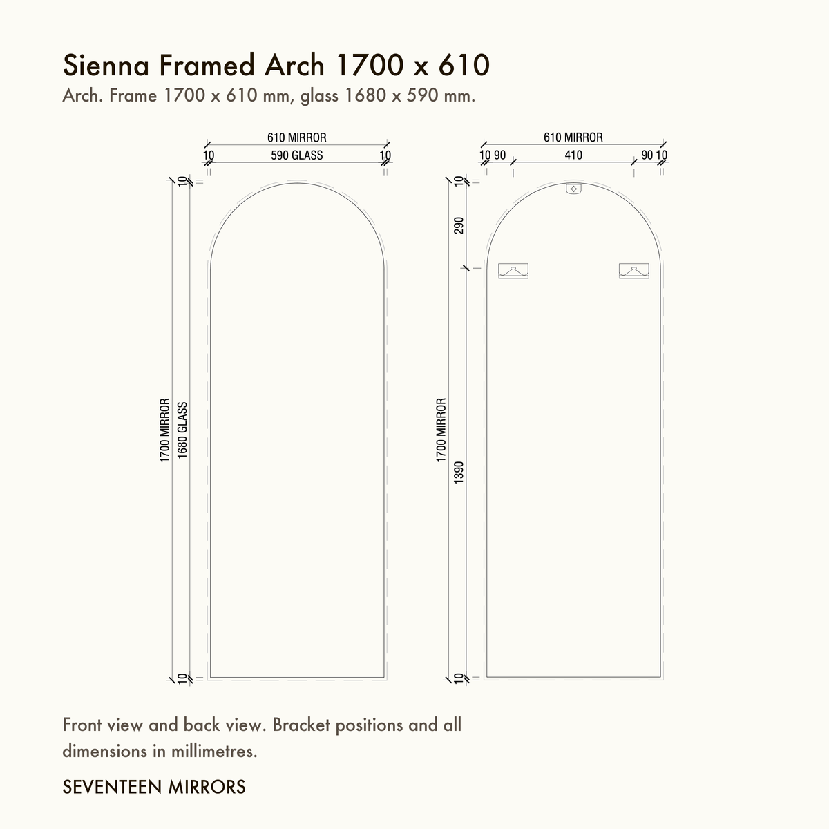 Sienna Framed Arch Mirror - 1700 x 610 dimensions and mounting drawing