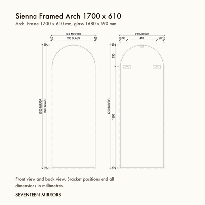 Sienna Framed Arch Mirror - 1700 x 610 dimensions and mounting drawing