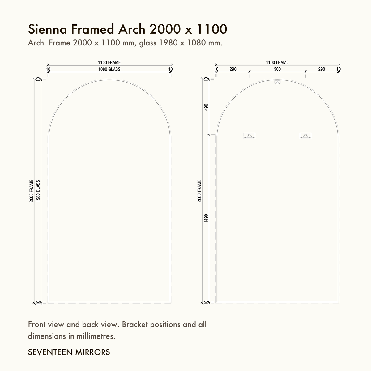 Sienna Framed Arch Mirror - 2000 x 1100 dimensions and mounting drawing