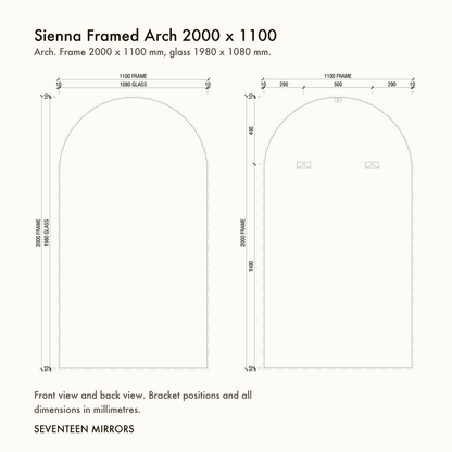 Sienna Framed Arch Mirror - 2000 x 1100 dimensions and mounting drawing