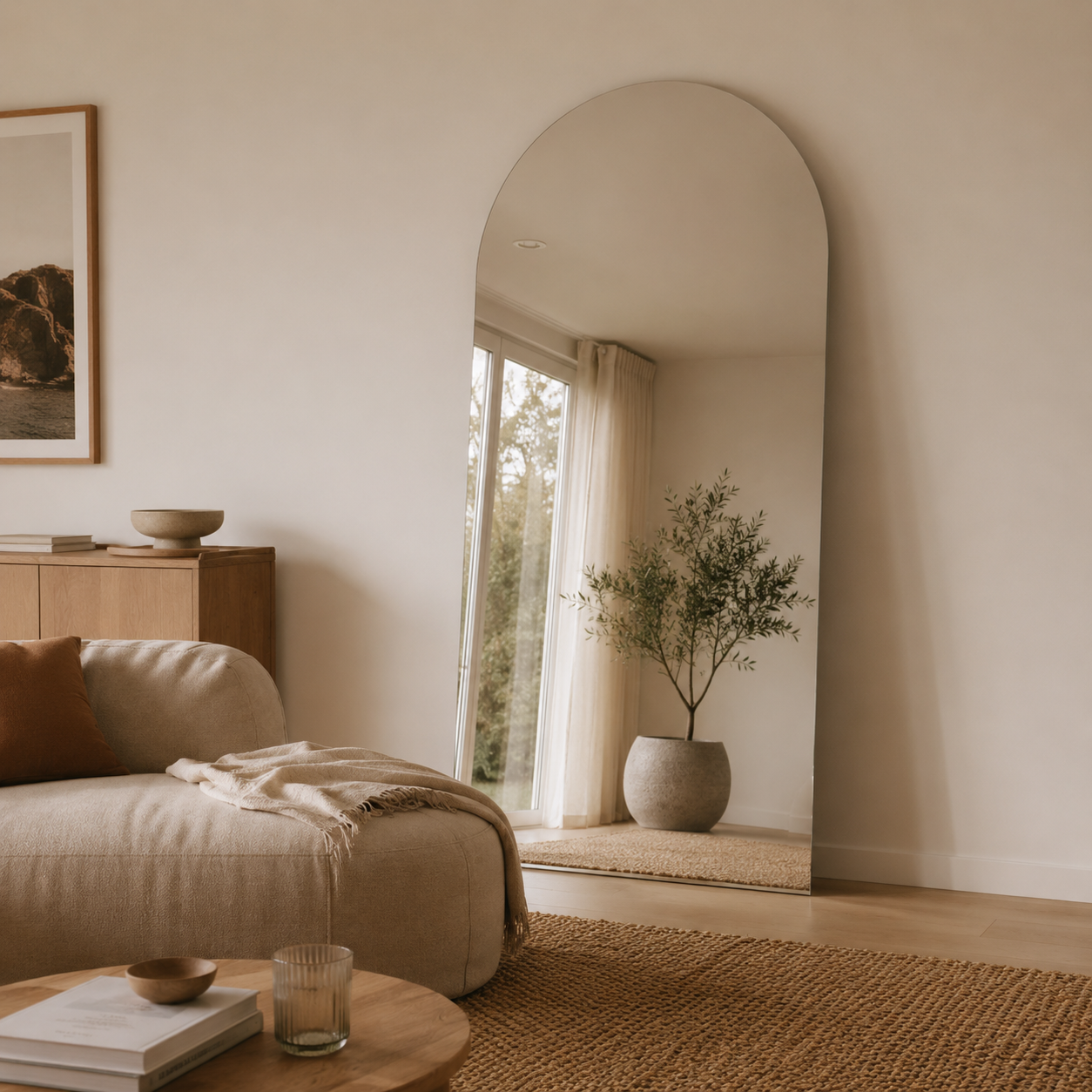 Sienna frameless oversized arch mirror 2000 x 1100 leaning in a warm living room