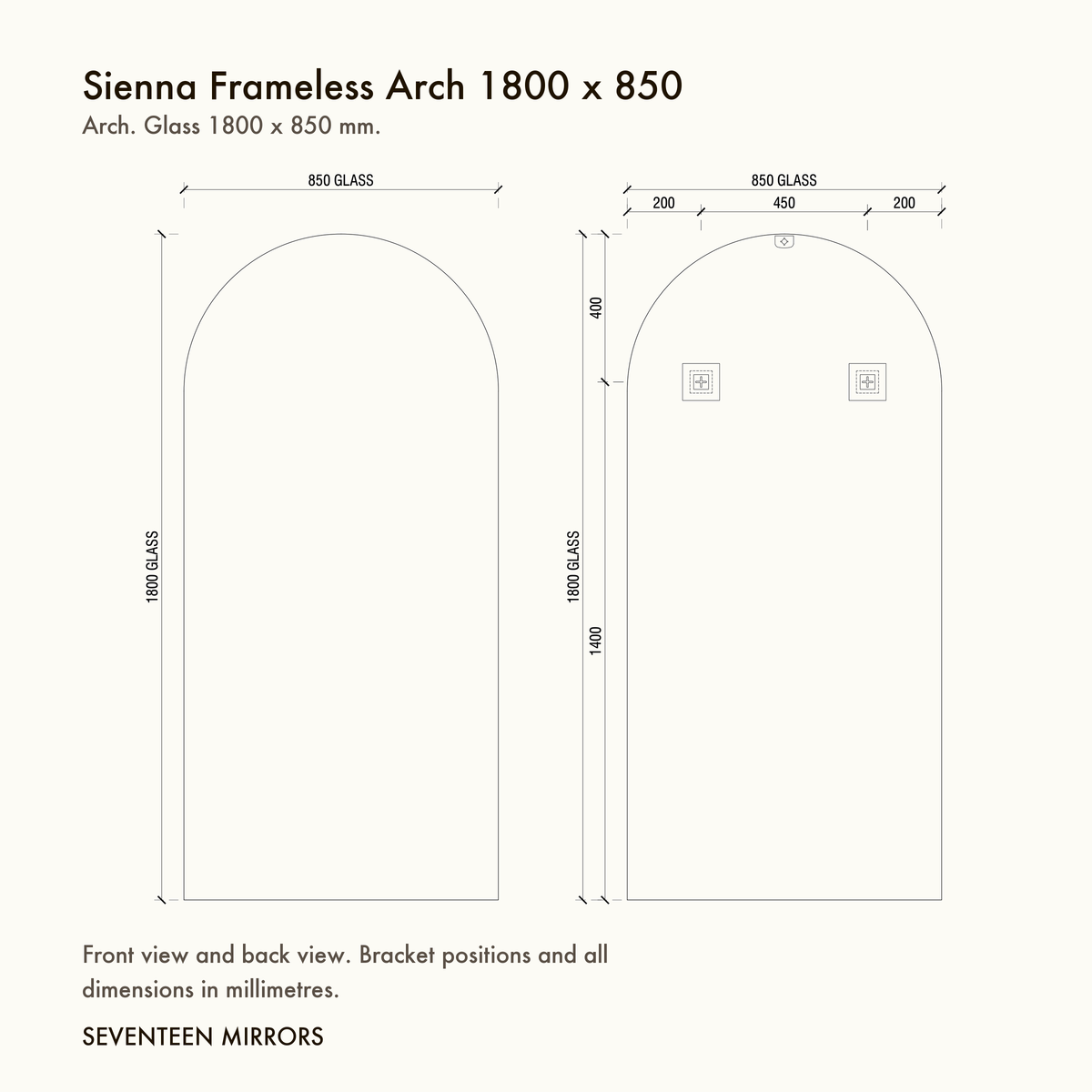 Sienna Frameless Arch Mirror - 1800 x 850 dimensions and mounting drawing