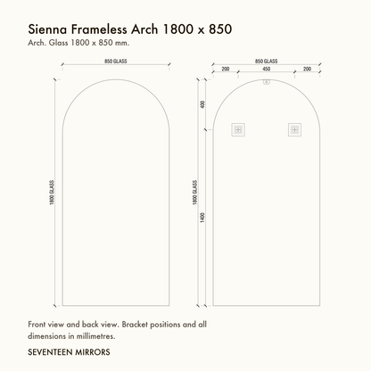 Sienna Frameless Arch Mirror - 1800 x 850 dimensions and mounting drawing