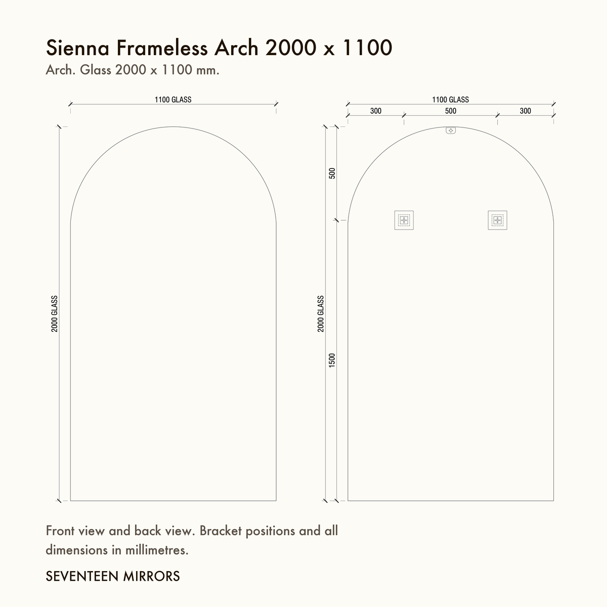Sienna Frameless Arch Mirror - 2000 x 1100 dimensions and mounting drawing