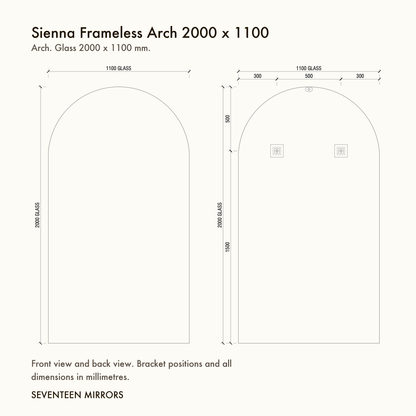 Sienna Frameless Arch Mirror - 2000 x 1100 dimensions and mounting drawing