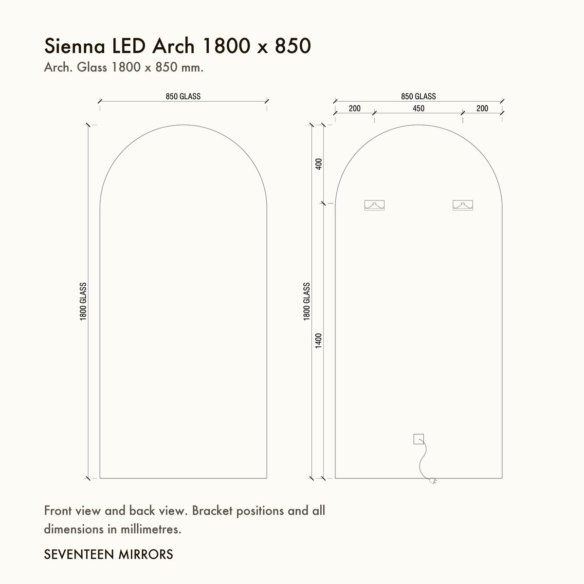 Sienna LED Arch Mirror - 1800 x 850 dimensions and mounting drawing