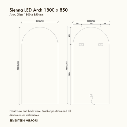 Sienna LED Arch Mirror - 1800 x 850 dimensions and mounting drawing