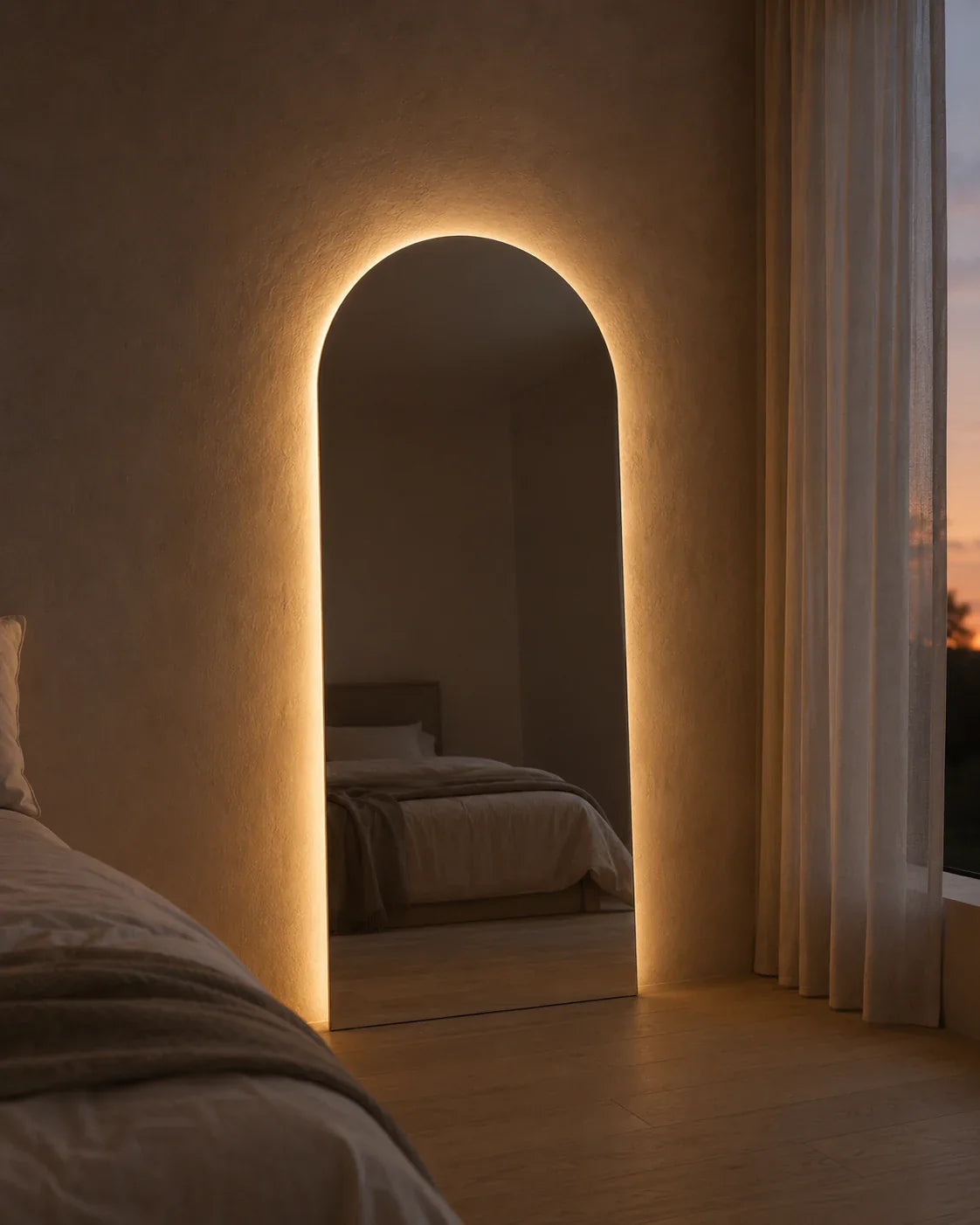 Sienna LED arch mirror glowing at dusk in a bedroom, backlight washing the wall