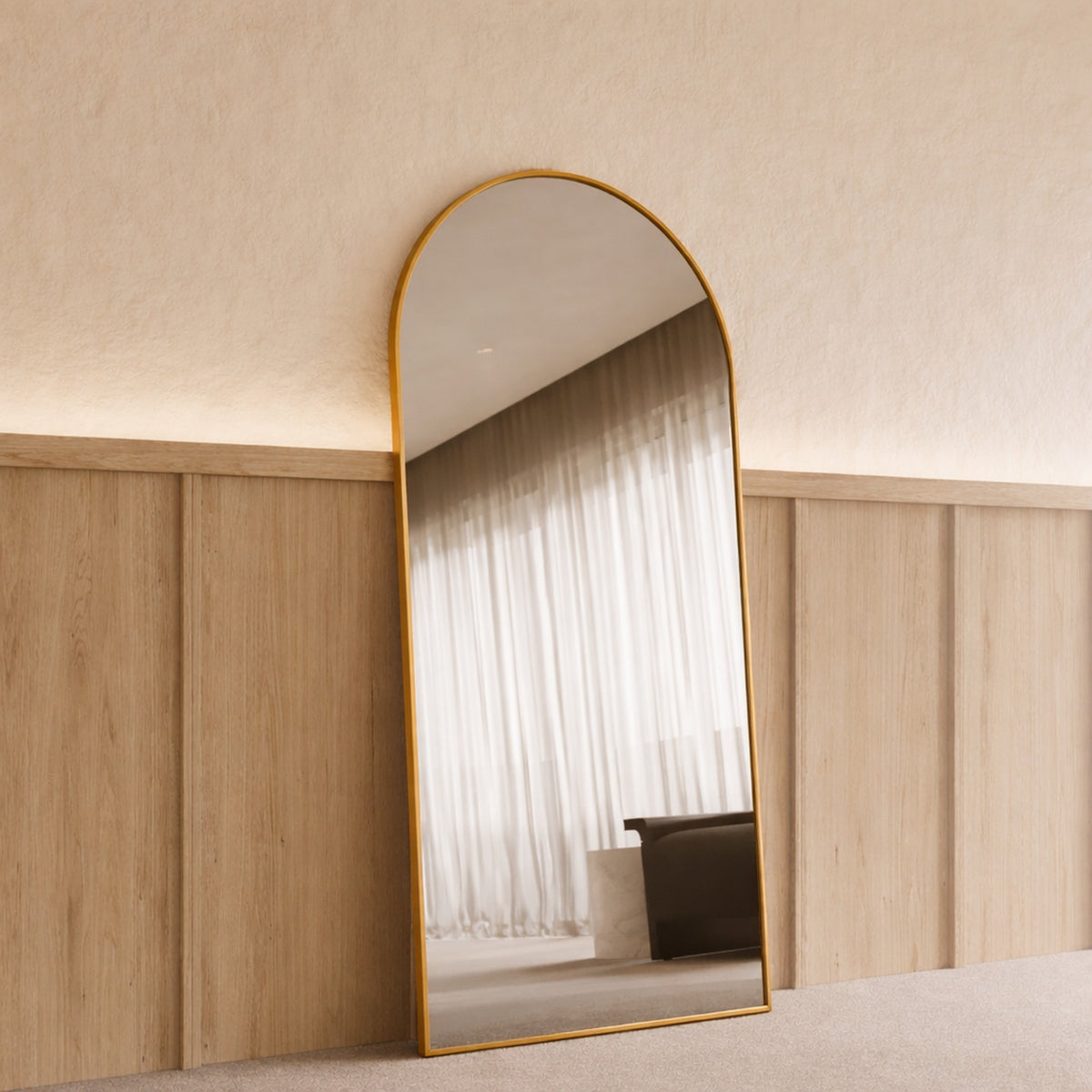 Sienna Framed Arch Mirror - 1800 x 850 in Antique Copper, angled from the left