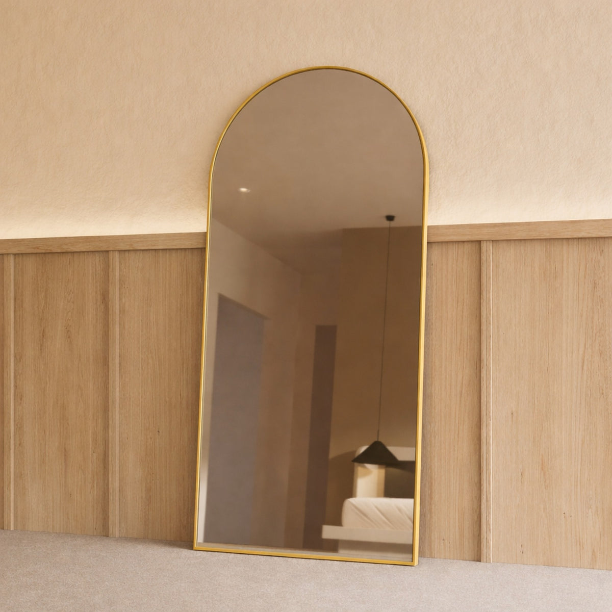 Sienna Framed Arch Mirror - 1800 x 850 in Brushed Gold, angled from the right