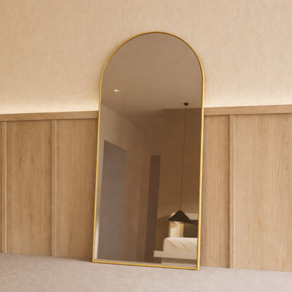 Sienna Framed Arch Mirror - 1800 x 850 in Brushed Gold, angled from the right