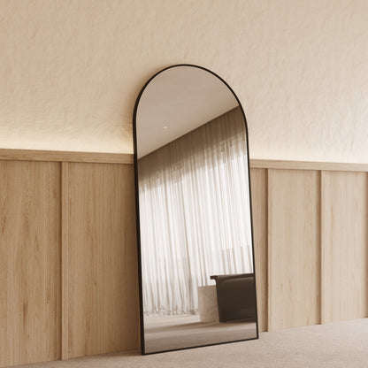 Sienna Framed Arch Mirror - 1800 x 850 in Matte Black, angled from the left